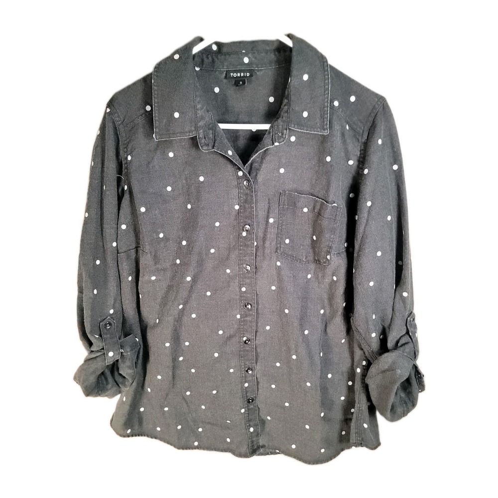 Torrid Womens 0 L Charcoal Black Polka Dot Denim Button Up Shirt Roll Tab Sleeve